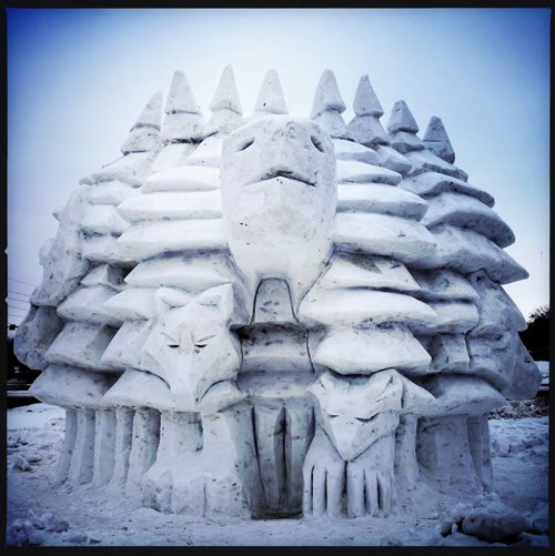 Local artists have recently finished the snow sculptures that are located around the city for the Festival du Voyageur. This is part of the sculpture located at the Dakota Street and Bishop Grandon intersection. 150209 - Wednesday, February 11, 2015 -  (MIKE DEAL / WINNIPEG FREE PRESS)
