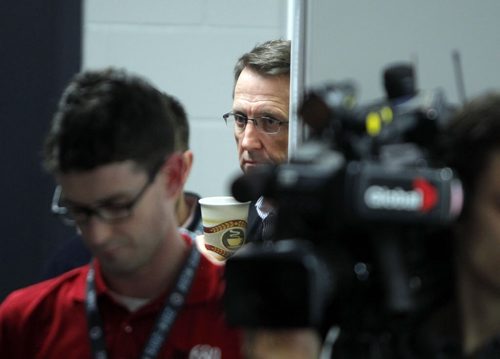 SPORTS - Team owner Mark Chipman watches Winnipeg Jets general manager Kevin Cheveldayoff at a noon-hour press conference at the MTS Centre. BORIS MINKEVICH / WINNIPEG FREE PRESS  FEB. 11, 2015