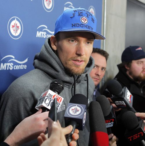 SPORTS - Winnipeg Jets player Blake Wheeler talks to the media after the teams trade announcement at the MTS Centre. BORIS MINKEVICH / WINNIPEG FREE PRESS  FEB. 11, 2015