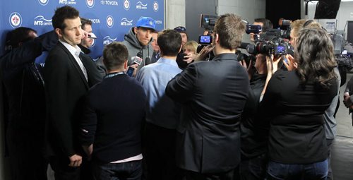 SPORTS - Winnipeg Jets player Blake Wheeler talks to the media after the teams trade announcement at the MTS Centre. BORIS MINKEVICH / WINNIPEG FREE PRESS  FEB. 11, 2015