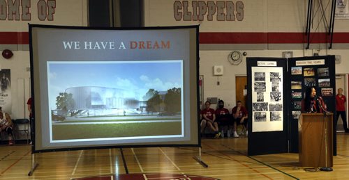 Joyce Wong, vice principal of Kelvin High School shows one of the proposed designs for the Active Living Centre. The $1 million fundraising campaign  was launched at Kelvin Thursday. Nick Martin story. Wayne Glowacki/Winnipeg Free Press Feb.12   2015