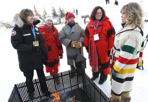 Festival Du Voyageur board members L to R Natalie Thiesen, Lynne Connelly, Simon Normandeau, and Lisa Cupples welcome Shelly Glover Minister of Canadian Heritage and and Official Languages to newsconference today at the Festival site- Western Canada's largest winter festival - the 2015 Festival du Voyageur - runs from February 13  22. See Alex Paul Story- Feb 12, 2015   (JOE BRYKSA / WINNIPEG FREE PRESS)