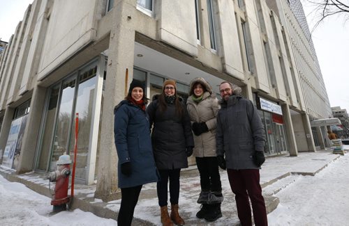 Four of the five owners from left, Lauren Kroeker, Amy Bortoluzzi, Kendra Magnus-Johnston and James Magnus-Johnston (missing is Ben Gillies) of a new coffee/wine/beer bar called Fools & Horses thats scheduled to open next month in a former Money Mart location at 379 Broadway.  Murray McNeill story. Wayne Glowacki/Winnipeg Free Press Feb.12   2015