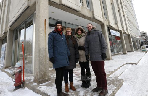 Four of the five owners from left, Lauren Kroeker, Amy Bortoluzzi, Kendra Magnus-Johnston and James Magnus-Johnston (missing is Ben Gillies) of a new coffee/wine/beer bar called Fools & Horses thats scheduled to open next month in a former Money Mart location at 379 Broadway.  Murray McNeill story. Wayne Glowacki/Winnipeg Free Press Feb.12   2015