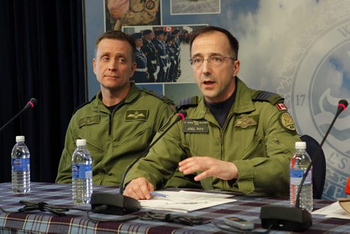 NEWS - Left to right - Commanding Officer Lieutenant-Colonel Brent Andrews, 435 Transport and Rescue Squadron and right, 17 Wing Commander, Colonel Joël Roy during the press conference at 17 Wing. Topic: SAR Tech Sergeant Mark Salesse died during training in Alberta. BORIS MINKEVICH / WINNIPEG FREE PRESS  FEB. 12, 2015