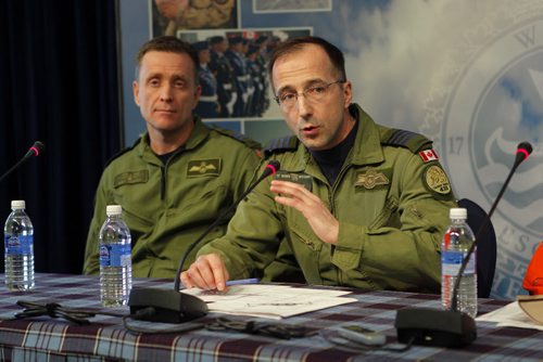 NEWS - Left to right - Commanding Officer Lieutenant-Colonel Brent Andrews, 435 Transport and Rescue Squadron and right, 17 Wing Commander, Colonel Joël Roy during the press conference at 17 Wing. Topic: SAR Tech Sergeant Mark Salesse died during training in Alberta. BORIS MINKEVICH / WINNIPEG FREE PRESS  FEB. 12, 2015