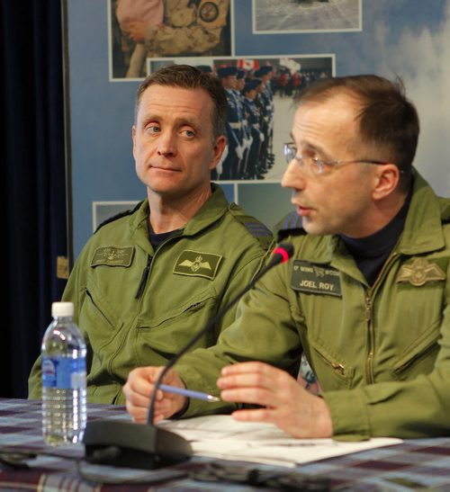 NEWS - Left to right - Commanding Officer Lieutenant-Colonel Brent Andrews, 435 Transport and Rescue Squadron and right, 17 Wing Commander, Colonel Joël Roy during the press conference at 17 Wing. Topic: SAR Tech Sergeant Mark Salesse died during training in Alberta. (Designers note: Roy is slightly out of focus to showcase Andrews) BORIS MINKEVICH / WINNIPEG FREE PRESS  FEB. 12, 2015