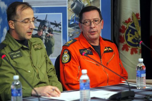 NEWS - left to right - 17 Wing Commander, Colonel Joël Roy, and Chief Warrant Officer (CWO) André  Daigle - Search and Rescue Technician Senior Occupation Advisor during the press conference at 17 Wing. Topic: SAR Tech Sergeant Mark Salesse died during training in Alberta. BORIS MINKEVICH / WINNIPEG FREE PRESS  FEB. 12, 2015