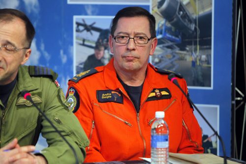 NEWS - left to right- (half cut off left) 17 Wing Commander, Colonel Joël Roy and right, Chief Warrant Officer (CWO) André  Daigle - Search and Rescue Technician Senior Occupation Advisor during the press conference at 17 Wing. Topic: SAR Tech Sergeant Mark Salesse died during training in Alberta. BORIS MINKEVICH / WINNIPEG FREE PRESS  FEB. 12, 2015