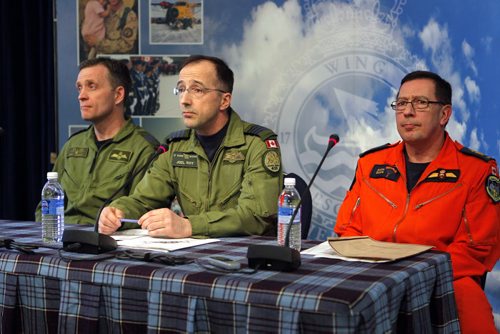 NEWS - left to right - Commanding Officer  (CO) Lieutenant- Colonel Brent Andrews 435 Transport and Rescue Squadron, 17 Wing Commander, Colonel Joël Roy, and Chief Warrant Officer (CWO) André  Daigle - Search and Rescue Technician Senior Occupation Advisor during the press conference at 17 Wing. Topic: SAR Tech Sergeant Mark Salesse died during training in Alberta. BORIS MINKEVICH / WINNIPEG FREE PRESS  FEB. 12, 2015