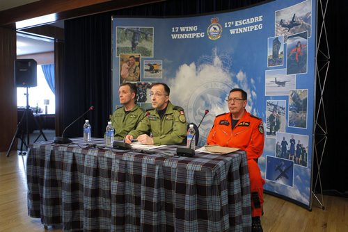 NEWS - left to right - Commanding Officer  (CO) Lieutenant- Colonel Brent Andrews 435 Transport and Rescue Squadron, 17 Wing Commander, Colonel Joël Roy, and Chief Warrant Officer (CWO) André  Daigle - Search and Rescue Technician Senior Occupation Advisor during the press conference at 17 Wing. Topic: SAR Tech Sergeant Mark Salesse died during training in Alberta. BORIS MINKEVICH / WINNIPEG FREE PRESS  FEB. 12, 2015