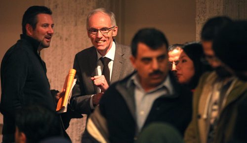 NDP Leadership Candidate STEVE ASHTON works the crowd before Fort Richmond NDP delegate selection committee speeches Thursday. He spoke in support of himself.  February 12, 2015 - (Phil Hossack / Winnipeg Free Press)