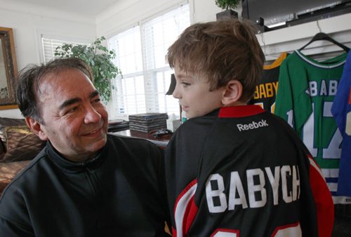 Wayne Babych a former NHL hockey player with his son Cole- He comments on how big trades effect teams- -See Geoff Kirybson story  - Feb 13, 2015   (JOE BRYKSA / WINNIPEG FREE PRESS)