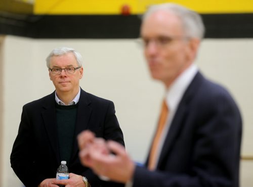 Premier Greg Selinger and Steve Ashton at an NDP delegate selection meeting at Ecole Leila North Community School in the Maples, Sunday, February 15, 2015. (TREVOR HAGAN/WINNIPEG FREE PRESS)