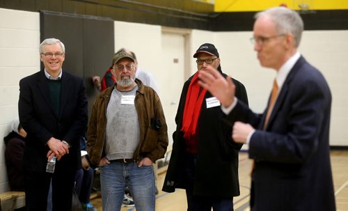 Premier Greg Selinger and Steve Ashton at an NDP delegate selection meeting at Ecole Leila North Community School in the Maples, Sunday, February 15, 2015. (TREVOR HAGAN/WINNIPEG FREE PRESS)