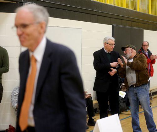 Premier Greg Selinger, right, and Steve Ashton at an NDP delegate selection meeting at Ecole Leila North Community School in the Maples, Sunday, February 15, 2015. (TREVOR HAGAN/WINNIPEG FREE PRESS)