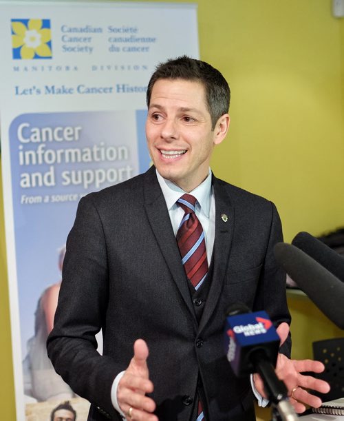 Winnipeg Mayor Brian Bowman during the announcement that the money raised during this years WPS Half Marathon will go towards Canadian Cancer Society Manitoba and that the money will be matched dollar-for-dollar by Brain Canada, through the Canada Brain Research Fund.  150217 February 17, 2015 Mike Deal / Winnipeg Free Press