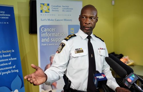 Winnipeg Police Chief Devon Clunis during the announcement that the money raised during this years WPS Half Marathon will go towards Canadian Cancer Society Manitoba and that the money will be matched dollar-for-dollar by Brain Canada, through the Canada Brain Research Fund.  150217 February 17, 2015 Mike Deal / Winnipeg Free Press