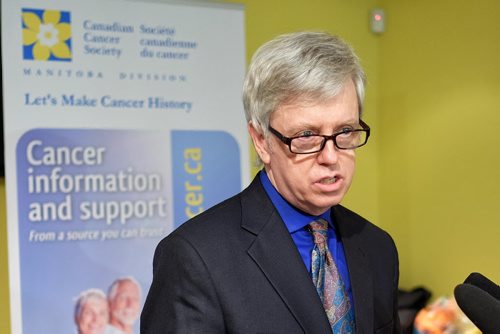 Mark McDonald, Executive Director at Canadian Cancer Society Manitoba during the announcement that the money raised during this years WPS Half Marathon will go towards Canadian Cancer Society Manitoba and that the money will be matched dollar-for-dollar by Brain Canada, through the Canada Brain Research Fund.  150217 February 17, 2015 Mike Deal / Winnipeg Free Press
