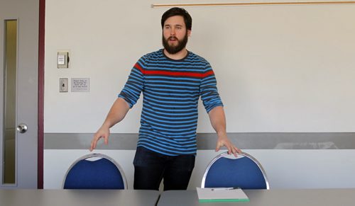 LOCAL - 3 MIN THESIS - In photo grad student Garret Munch practicing for the three-minute thesis competition, in which grad students explain years of specialized research in lay terms in three minutes.. BORIS MINKEVICH / WINNIPEG FREE PRESS  FEB. 17, 2015