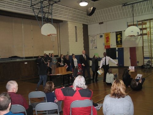 Canstar Community News Feb. 10, 2015 - Winnipeg Police Chief Devon Clunis and the teachers at Hampstead School broke into a flash mob at an I Love To Read Month event. (SHELDON BIRNIE/CANSTAR COMMUNITY NEWS/HERALD)