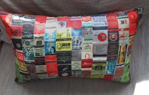 Designer Roy Liang uses  screen prints to create unique items- Old match book pillow-See Connie Tomoto  49.8 threads story - Feb 17, 2015   (JOE BRYKSA / WINNIPEG FREE PRESS)