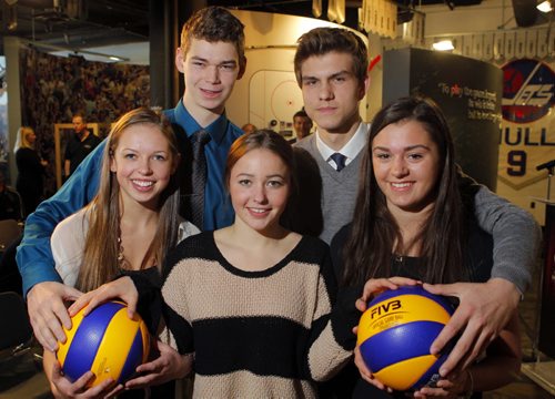 SPORTS STANDUP - Dr. Dale Iwanoczko Memorial Volleyball Scholorship. 2014-15 Recipients. (back left) Seth Friesen of Vincent Massey High School in Brandon, (back right) Ryan Bergen of St. Paul's High School, (front left) Rylie Dickson of Killarney Raiders, (front right) Kierstin Taylor Fey of Lord Selkirk Royals, and (front middle) Maiya Westwood of Mennonite Brethren Hawks. BORIS MINKEVICH / WINNIPEG FREE PRESS  FEB. 18, 2015