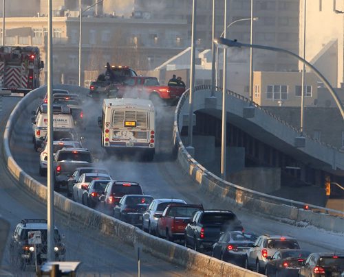 Big time delays Thursday morning for south bound commuters travelling over the Disraeli Bridge after a collision. Wayne Glowacki/Winnipeg Free Press Feb.19   2015