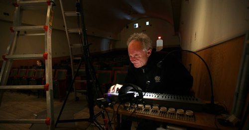 MTC Technician Ian Kirk fine tunes the stage lighting at the ParkLane Theatrefor the evening performance of Armstrong's War in Crystal City Thursday.  (Kevin has this guy's name). See Kevin Prokosh story. February 19, 2015 - (Phil Hossack / Winnipeg Free Press)