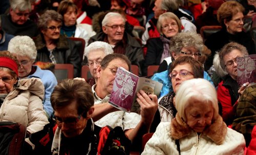 Locals fill the ParkLane Theatre in Crystal City for the evening performance of Armstrong's War Thursday. See Kevin Prokosh story. February 19, 2015 - (Phil Hossack / Winnipeg Free Press)