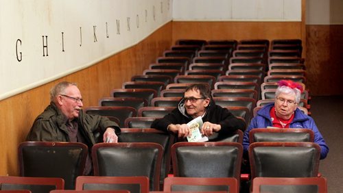 Left to right, Bill Sandercock, Norman and Bernice Morin arrive early at the  ParkLane Theatre in Crystal City for the evening performance of Armstrong's War Thursday. See Kevin Prokosh story. February 19, 2015 - (Phil Hossack / Winnipeg Free Press)