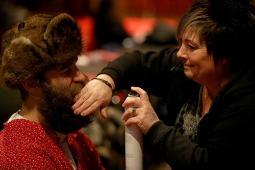 Oleksa Balko, 25, first time competitor has his beard touched up by Kerry Harrison prior to the 33rd Beard Growing Contest, Friday, February 20, 2015. (TREVOR HAGAN/WINNIPEG FREE PRESS)