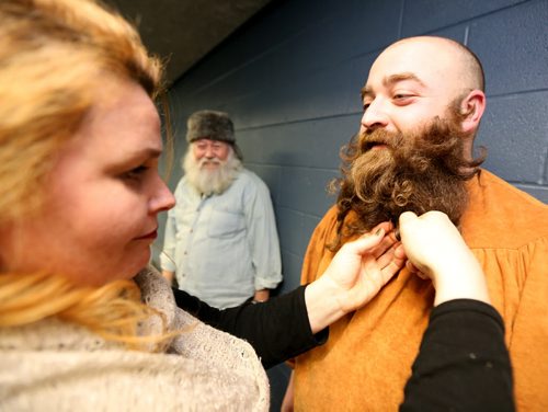 Morgan Fiks, a second time competitor, has his beard touched up by Margaret Gannon as Wayne Pritchard looks on, prior to the 33rd Beard Growing Contest, Friday, February 20, 2015. (TREVOR HAGAN/WINNIPEG FREE PRESS)
