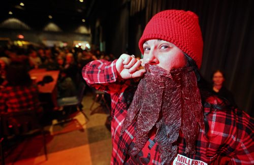 April Wozny shows off her beef jerky beard prior to the 33rd Beard Growing Contest, Friday, February 20, 2015. (TREVOR HAGAN/WINNIPEG FREE PRESS)