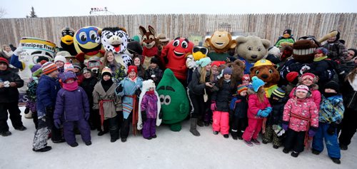 Mascots and kids pose for a photo during a mascot challenge at the Festival du Voyageur, Saturday, February 21, 2015. (TREVOR HAGAN/WINNIPEG FREE PRESS)