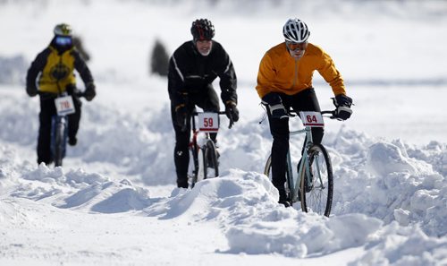 Riders prepare for the 15th annual Ice Bike event, a race on and along the Red River near The Forks, Saturday, February 21, 2015. (TREVOR HAGAN/WINNIPEG FREE PRESS)
