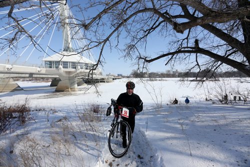 Riders prepare for the 15th annual Ice Bike event, a race on and along the Red River near The Forks, Saturday, February 21, 2015. (TREVOR HAGAN/WINNIPEG FREE PRESS)