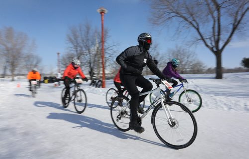 Riders participate in the 15th annual Ice Bike event, a race on and along the Red River near The Forks, Saturday, February 21, 2015. (TREVOR HAGAN/WINNIPEG FREE PRESS)