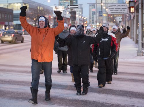 DAVID LIPNOWSKI / WINNIPEG FREE PRESS (Saturday February 21, 2015)  A group of brave walkers during the 4th annual fundraising walk known as the Coldest Night of the Year walk that raises money for the hungry, homeless and hurting in 80+ communities across Canada. The Winnipeg walk had to be cut short from 10km to 5km due to the extreme cold, with proceeds from the event going to RaY - Resource Assistance for Youth.