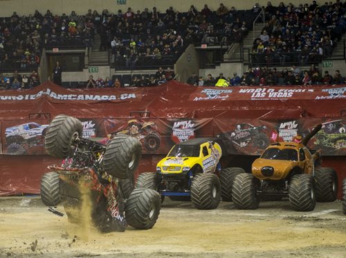 DAVID LIPNOWSKI / WINNIPEG FREE PRESS (Saturday February 21, 2015)  Northern Nightmare piloted by Canadian Cam McQueen crashes during Maple Leaf Monster Jam Saturday afternoon at the MTS Centre.