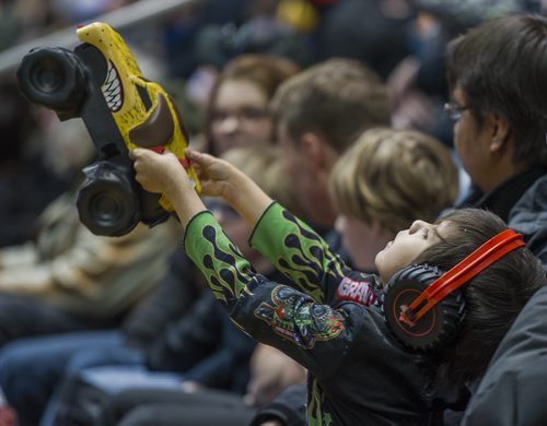 DAVID LIPNOWSKI / WINNIPEG FREE PRESS (Saturday February 21, 2015) Malachi Cote, age 4, enjoys Maple Leaf Monster Jam Saturday afternoon at the MTS Centre.
