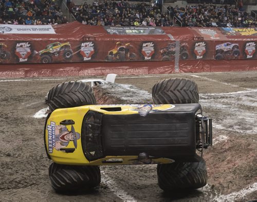DAVID LIPNOWSKI / WINNIPEG FREE PRESS (Saturday February 21, 2015)  Bounty Hunter piloted by Jimmy Creten is on two wheel during Maple Leaf Monster Jam Saturday afternoon at the MTS Centre.