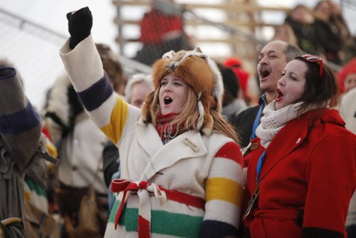 February 22, 2015 - 150222  -  Ginette Connelly cheers during the closing ceremony on the last day of the Festival Du Voyageur Sunday, February 22, 2015. John Woods / Winnipeg Free Press