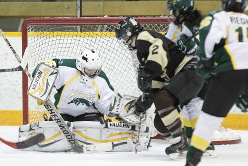 February 22, 2015 - 150222  -  University of Regina Cougars goaltender Toni Ross (35) saves the backhander by University of Manitoba Bisons' Lauryn Keen (2) in the second period of game three of the Canada West quarter-finals at the University of Manitoba Sunday, February 22, 2015. John Woods / Winnipeg Free Press