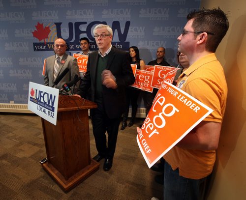 UFCW Local 832 President Jeff Traeger stands (left) beside Premier Greg Selenger after the local announced him as their candidate in the upcoming leadership race. See Bruce Owen / Bart Kives stories.February 23, 2015 - (Phil Hossack / Winnipeg Free Press)