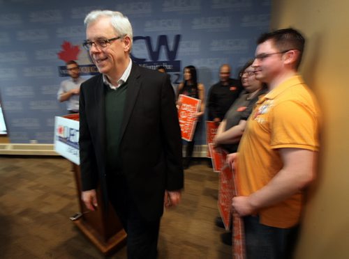 Premier Greg Selenger leaves a press conference after UFCW Local 832 President Jeff Traeger announced him as their candidate in the upcoming leadership race. See Bruce Owen / Bart Kives stories.February 23, 2015 - (Phil Hossack / Winnipeg Free Press)