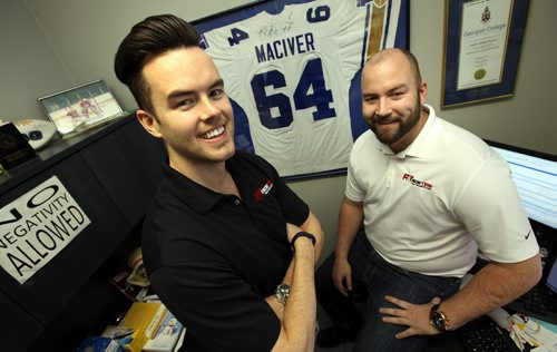 Andrew (left) and his brother Doug MacIvor pose at their car lot on Pembina Highway "Ride Time". They co-star as the Brothers of Bargains in a series of comical TV commercials and a BNN reality show. Son's of Doug McIvor a former Blue Bomber. See Dave Sanderson's story, February 23, 2015 - (Phil Hossack / Winnipeg Free Press)