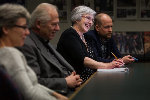 Shannon Sampert with members of the Editorial Board in a portrait for Winnipeg Free Press Annual Report. 150211 - Wednesday, February 11, 2015 -  (MIKE DEAL / WINNIPEG FREE PRESS)