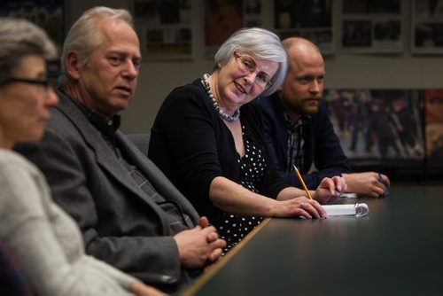 Shannon Sampert with members of the Editorial Board in a portrait for Winnipeg Free Press Annual Report. 150211 - Wednesday, February 11, 2015 -  (MIKE DEAL / WINNIPEG FREE PRESS)