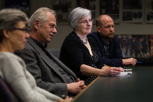 Shannon Sampert with members of the Editorial Board in a portrait for Winnipeg Free Press Annual Report. 150211 - Wednesday, February 11, 2015 -  (MIKE DEAL / WINNIPEG FREE PRESS)